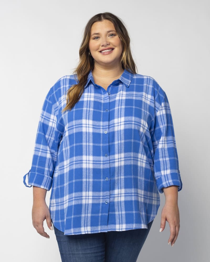 Front of a model wearing a size 1X Boyfriend Plaid in Royal Blue by chicka-d. | dia_product_style_image_id:289369